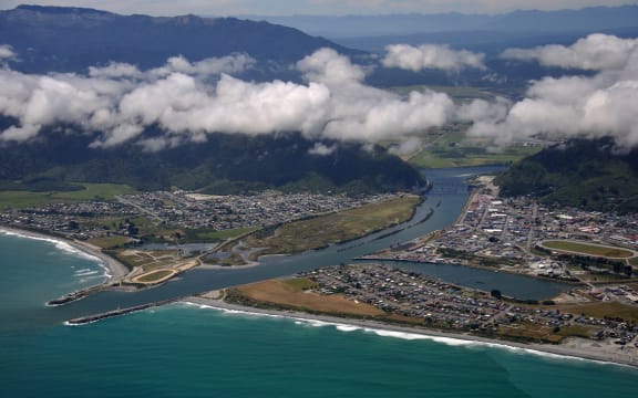 Aerial of Greymouth and the mouth of the Grey River, West Coast, South Island, New Zealand.