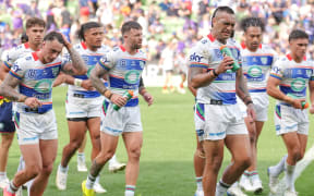 The Warriors leave the field at half time during the Telstra NRL Premiership match between the NZ Warriors and the Melbourne Storm at AAMI Park in Melbourne.