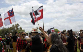 People gather for the hīkoi at Selwyn Park in Dargaville on Tuesday, 12 November, 2024.