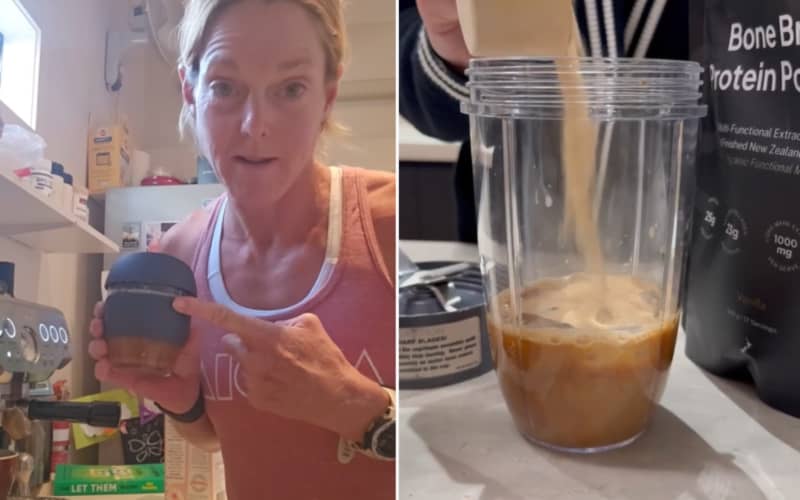 Composite image. On the left, exercise physiologist and nutrition scientist Stacy Sims shows her Instagram followers how she makes a protein coffee and, right, personal trainer Brittany McNabb also adds protein to her coffee.