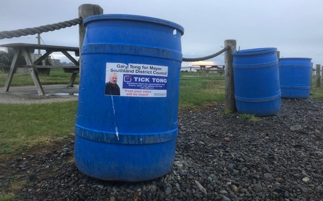 A bin in Riverton displayed Gary Tong's campaign advertising after the election had wrapped up.