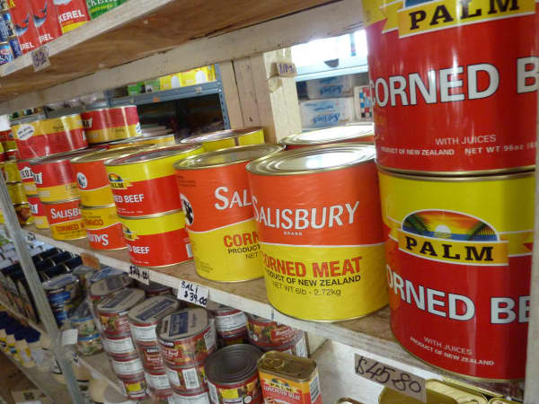 This picture taken on January 2, 2011 shows large cans of corned beef on a supermarket shelf in Nuku'alofa.