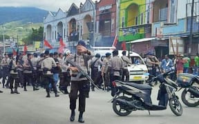 Indonesian police deployed to control the Jayapura demonstration in support of the United Liberation Movement for West Papua.