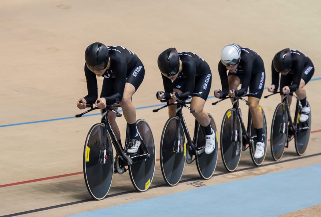 The women's team pursuit from left – Jaime Nielsen, Georgia Williams, Rushlee Buchanan, Lauren Ellis.
