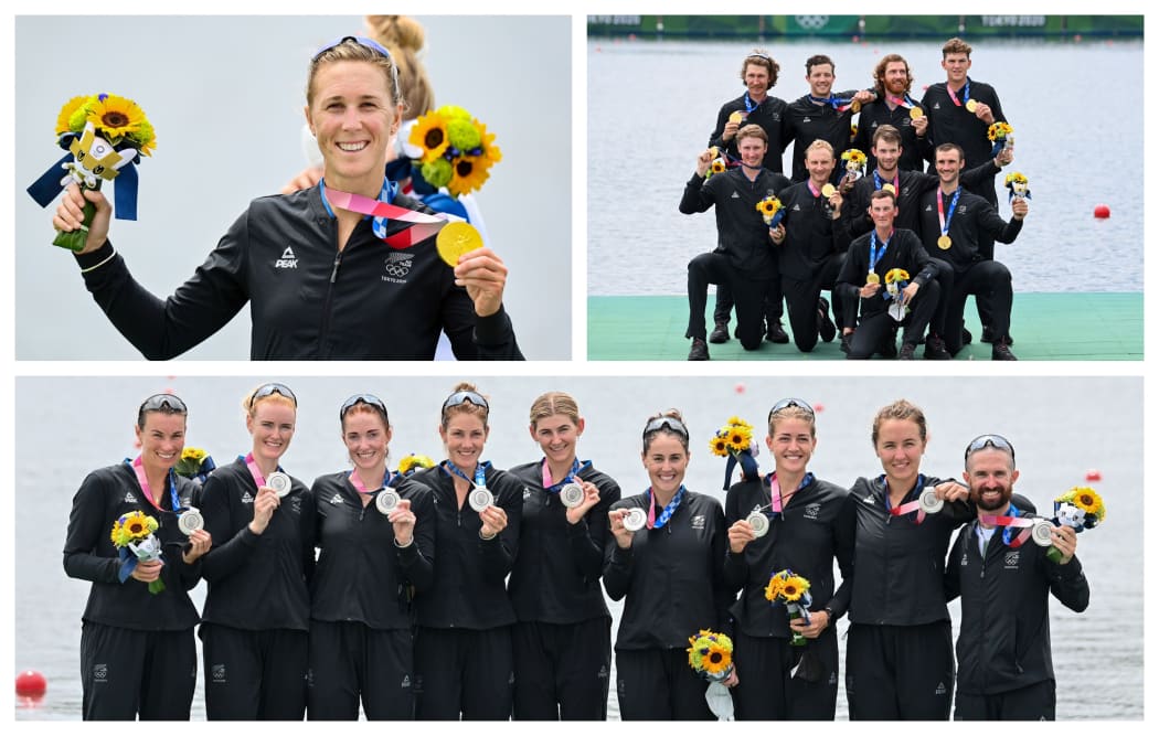 Single sculls gold medallist Emma Twigg, the champion NZ men's eight and women's eight silver medallists on the final day of the Olympic rowing programme in Tokyo.