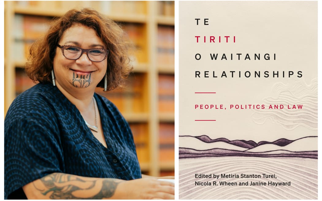 Former Maori politician turned scholar, Metiria Turei smiling at the camera, next to her is her book cover for 'Te Tiriti o Waitangi Relationships: People, Politics and Law' which she co-edited.