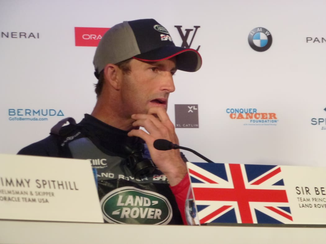 Sir Ben Ainslie, Skipper of Land Rober BAR, at a press conference after a collision with Dean Barker's Softbank Japan boat. America's Cup 2017, Bermuda.