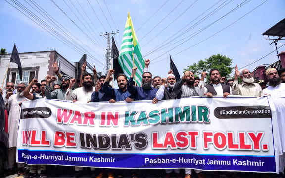 Activists and members of Pasban-e-Hurriyat, a Kashmiri refugee organisation, shout slogans during an anti-India protest in Muzaffarabad, the capital of Pakistan-administered Kashmir, on May 5, 2025. The Pakistan military said on May 5, 2025 it had conducted a second missile test since a fresh stand-off with India over the disputed region of Kashmir. New Delhi has blamed Islamabad for backing a deadly attack on tourists on the Indian side of the divided territory last month, sparking a series of heated threats and diplomatic tit-for-tat measures.