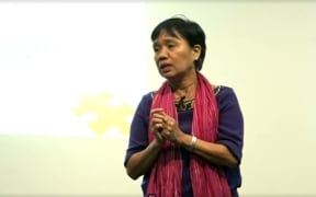 Malou Mangahas speaking at the AUT's Pacific Media Centre summit 'Journalism Under Duress'