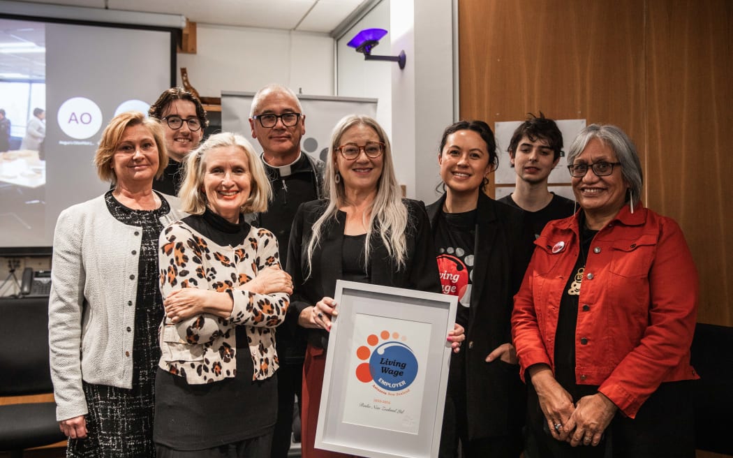 L - R: Karen Larsen (CFO); Ben Monkman (Sustainability coordinator); Irene Gardiner (RNZ Board); Rev Stephen King (Chair Living Wage Movement Aotearoa NZ); Leigh Friday (Sustainability Lead RNZ) Gina Lockyer (Executive Director Living Wage Movement Aotearoa NZ); Finn Cordwell (Organiser Living Wage Movement Aotearoa NZ); Muriel Tunoho (Local Board Member Living Wage Movement Aotearoa NZ)