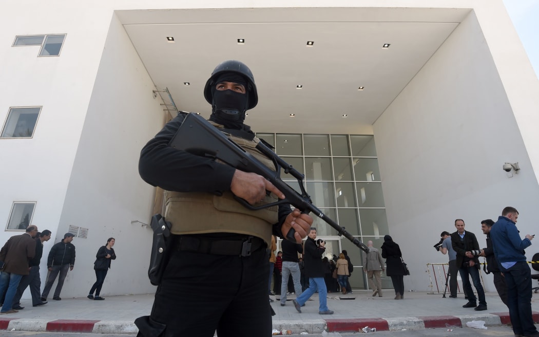 A member of the Tunisian security forces stands guard at the National Bardo Museum