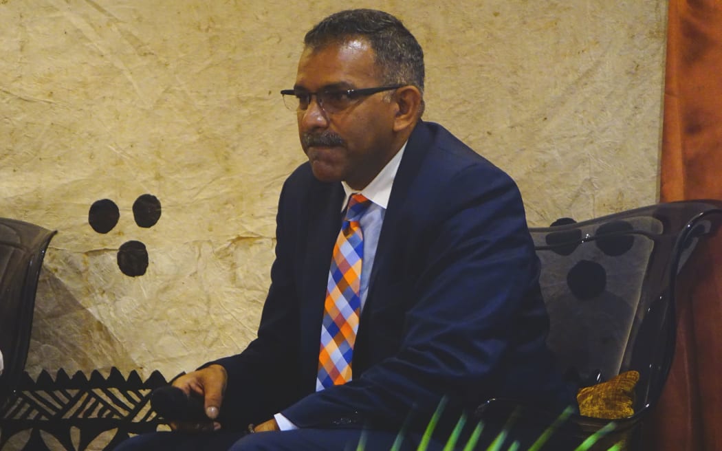 Fiji's Trade Minister Faiyaz Koya talks to business people in Pacific Harbour