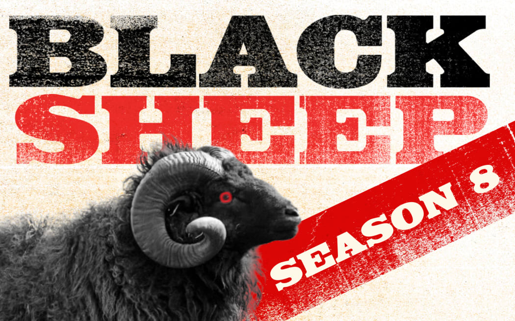 Image of black sheep with red eyes and long horns with the text 'Black' in the colour black and 'Sheep' in the colour red underneath, with the words 'Season 8' in a red banner on a diagonal from the sheep to the edge of the image.