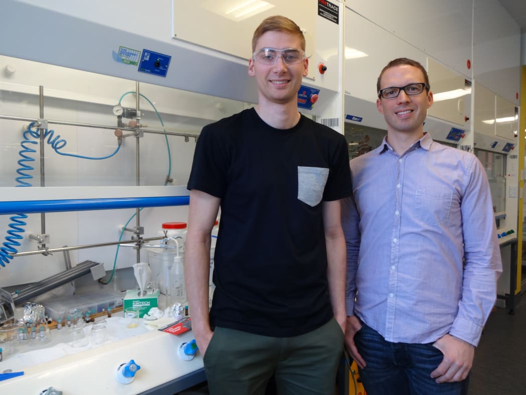 Justin Hodgkiss, on the right, leads a team at Victoria University that focuses on polymer-based solar cells. Joe Gallagher, left, is currently completing his PhD.
