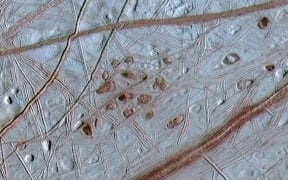 Reddish spots and shallow pits peppering the enigmatic ridged surface of Jupiter's moon Europa.