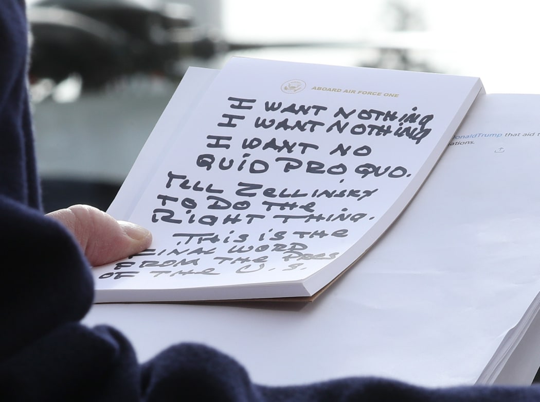 Donald Trump holds his notes while responding to testimony from Gordon Sondland, the US ambassador to the European Union, in the impeachment inquiry hearings.