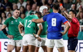 Ireland midfielder Bundee Aki is sent off in his side's win over Samoa.
