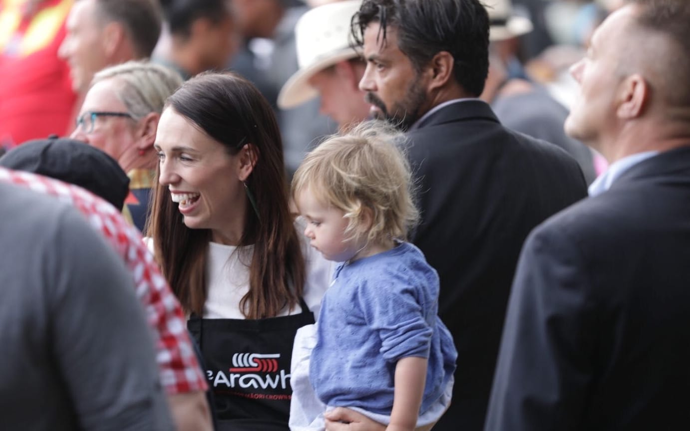 Prime Minister Jacinda Ardern with baby Neve at Waitangi.