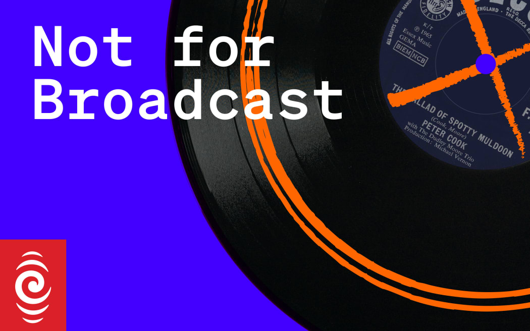 A podcast cover with a bright blue background, featuring vintage vinyl records with a scratched-out song (physically scratched on the vinyl surface) and scratched-out labels, and the title Not for Broadcast. RNZ logo in the bottom left corner.