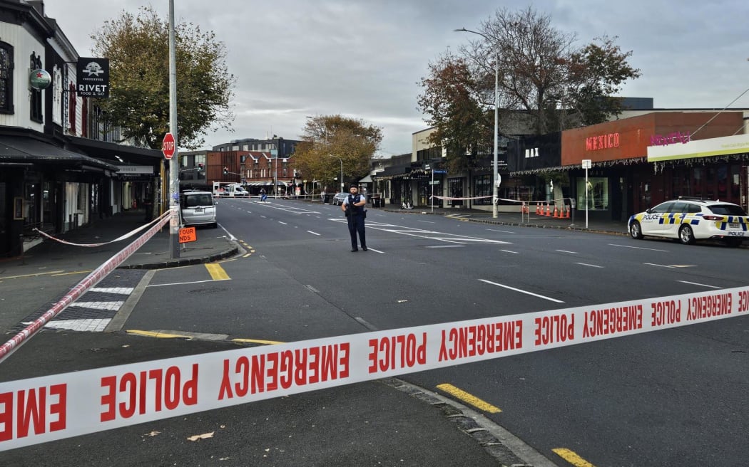 Police at a cordoned-off section of Ponsonby Road amid a homicide investigation, on 6 May, 2024.