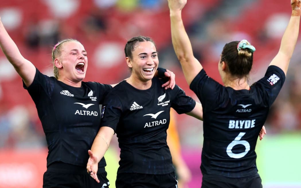 New Zealand women celebrate their win in Singapore on Sunday. Photo: World Rugby