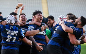 Ponsonby celebrate beating Marist in Auckland club rugby's 2019 Gallaher Shield final.