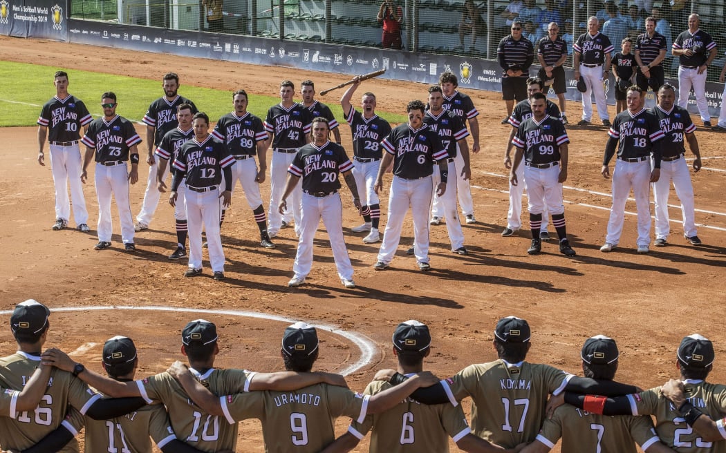 The Black Sox perform the haka at the 2019 World Cup in the Czech Republic.