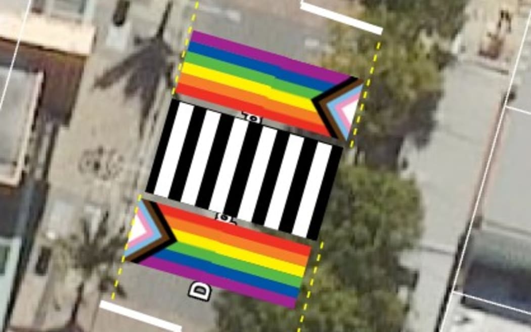 An indicative design of the rainbow crossing that will be installed on Devonport Rd in Tauranga. LDR single use only Image: Tauranga City Council