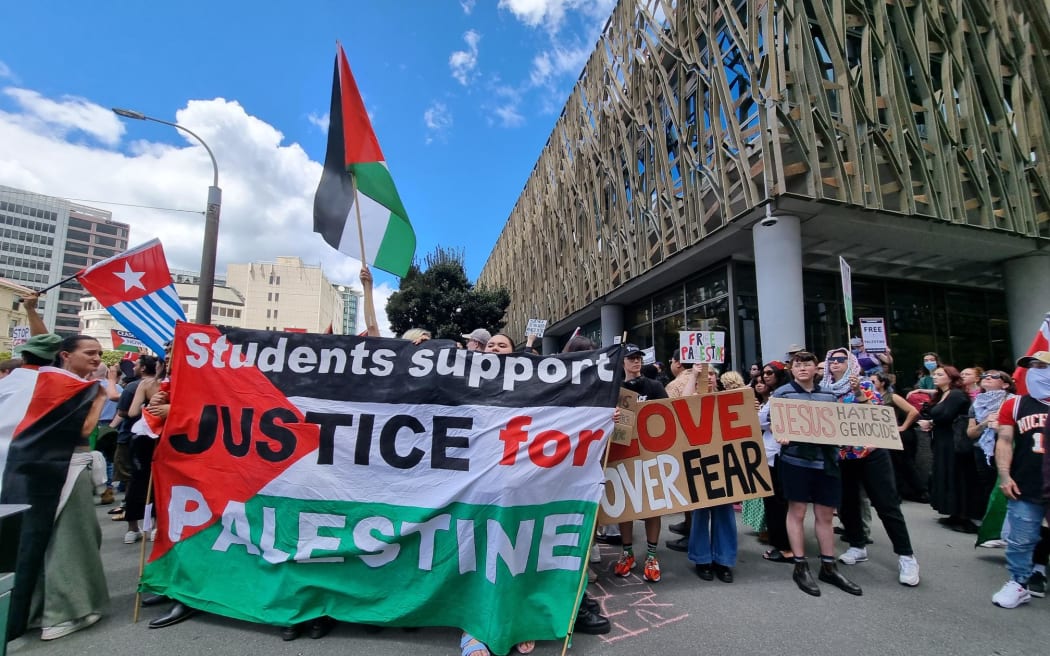A pro-Palestian protest ahead of a rally at Parliament organised by Bishop Brian Tamaki as an expression of support for Israel.