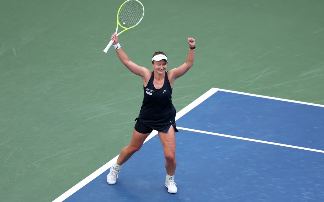 NEW YORK, NEW YORK - AUGUST 31: Barbora Krejcikova of Czechia celebrates match point against Taylor Townsend of the United States during the Women's Singles Fourth Round match on Day Eight of the 2025 US Open at USTA Billie Jean King National Tennis Center on August 31, 2025 in the Flushing neighborhood of the Queens borough of New York City.   Ishika Samant/Getty Images/AFP (Photo by Ishika Samant / GETTY IMAGES NORTH AMERICA / Getty Images via AFP)