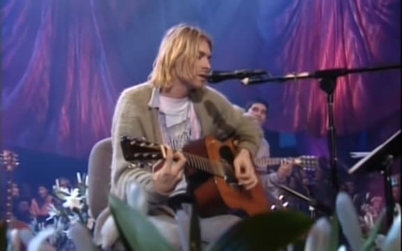 Kurt Cobain performing with Nirvana for  MTV Unplugged, 1993.