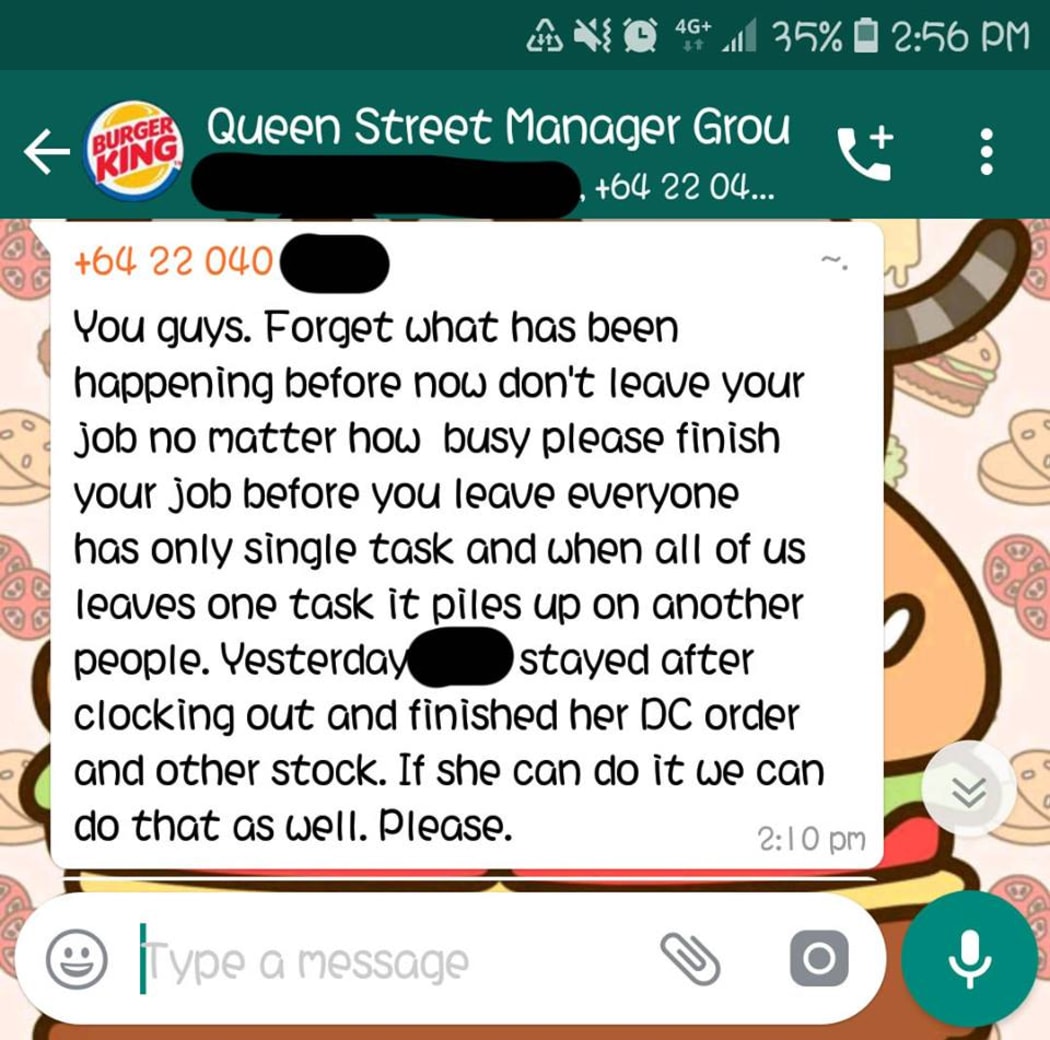 Screenshot of Burger King asking employees to work after clocking out in Whatsapp chat