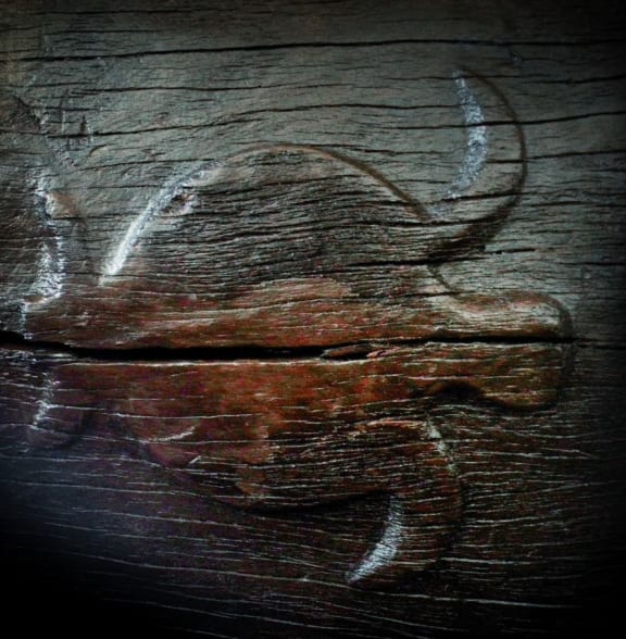 The turtle motif is common in East Polynesian art, but rare in New Zealand. This carving is on the outer face of the canoe plank (as seen above), which was part of a large canoe used in migration voyages.