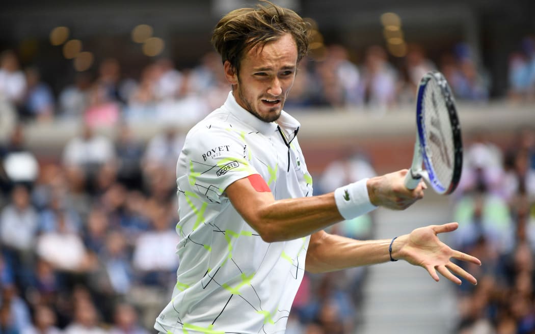FLUSHING MEADOW, NY - SEPTEMBER 08: Daniil Medvedev (RUS) in action during the men's singles title of the US Open on September 8, 2019, at the Billie Jean King Tennis Center in Flushing Meadow, NY. (Photo by Cynthia Lum/Icon Sportswire)