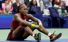 Coco Gauff of the United States reacts after defeating Aryna Sabalenka of Belarus in their women's singles final at the US Open.
