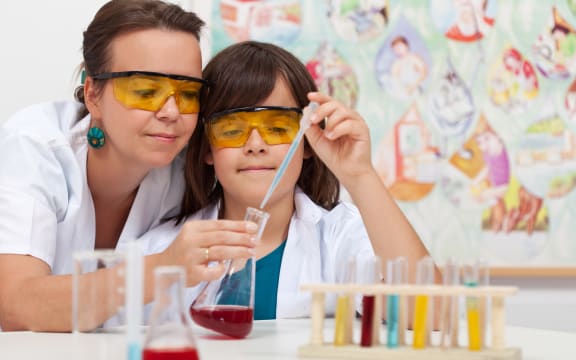 A file photo shows a primary school student being helped by a teacher in a school chemistry lab.