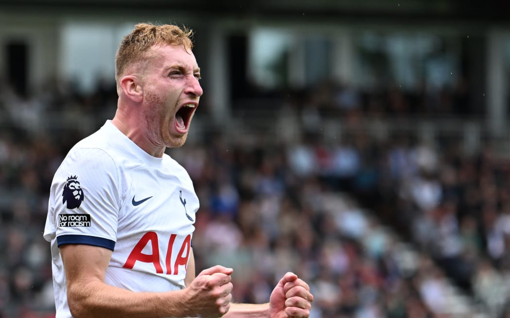Dejan Kulusevski of Tottenham Hotspur celebrates scoring a goal.