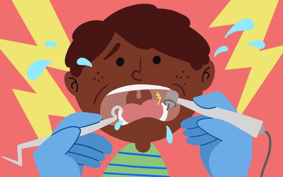 Stylised illustration of child scared of pain at the dentist.