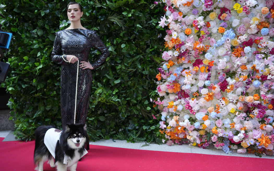 A dog and model attend the Pet Gala fashion show at AKC Museum of The Dog, Monday, 20 May 2024, in New York.