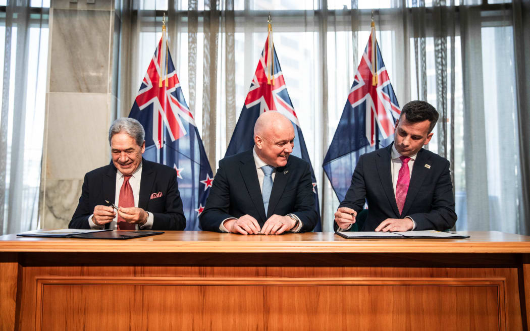 NZ First leader Winston Peters, National Party leader Christopher Luxon and ACT Party leader David Seymour at the formal signing ceremony on 24 November, 2023.