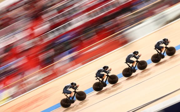 Aaron Gate, Campbell Stewart, Regan Gough and Jordan Kerby of New Zealand in action during the men's team pursuit final