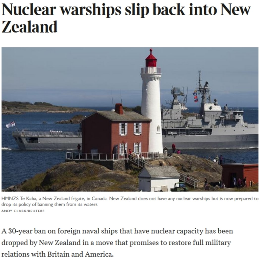 Screenshot of story from The Times about New Zealand's anti-nuclear policy