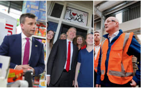 A montage of ACT Party leader David Seymour, Labour Party leader Chris Hipkins and National Party leader Christopher Luxon out on the campaign trail on 13 September 2023.