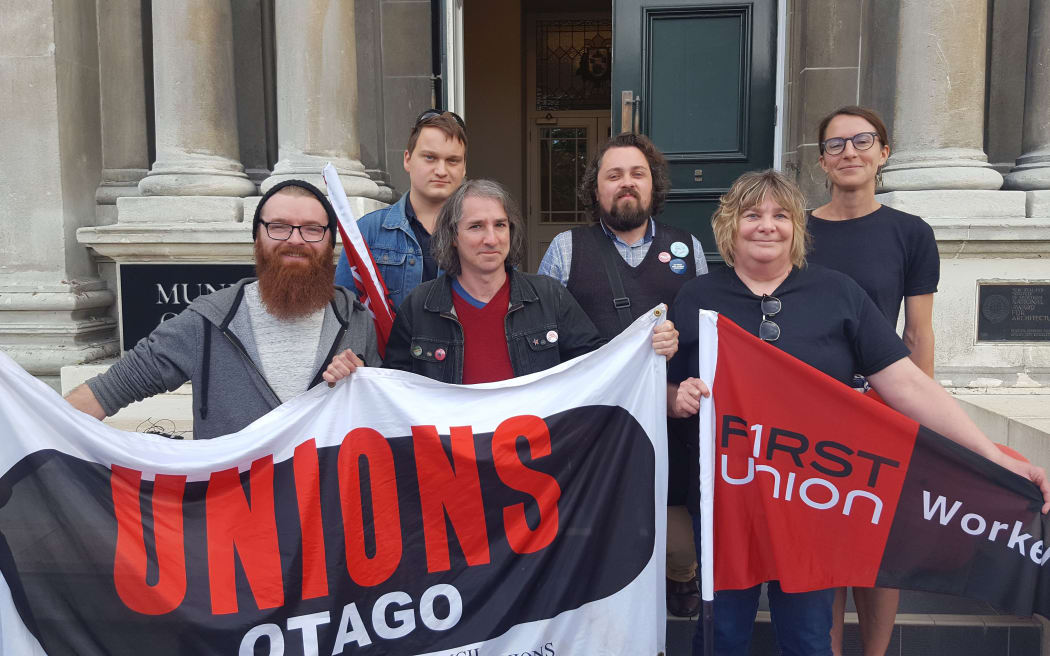 Union representatives, including First Union's Jill Bint (second right), outside Dunedin City Council chambers.