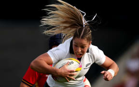 Black Ferns centre Amy du Plessis runs with the ball during the Women’s Rugby World Cup pool C match between New Zealand and Spain at York Community Stadium, York, northern England, on August 24, 2025.