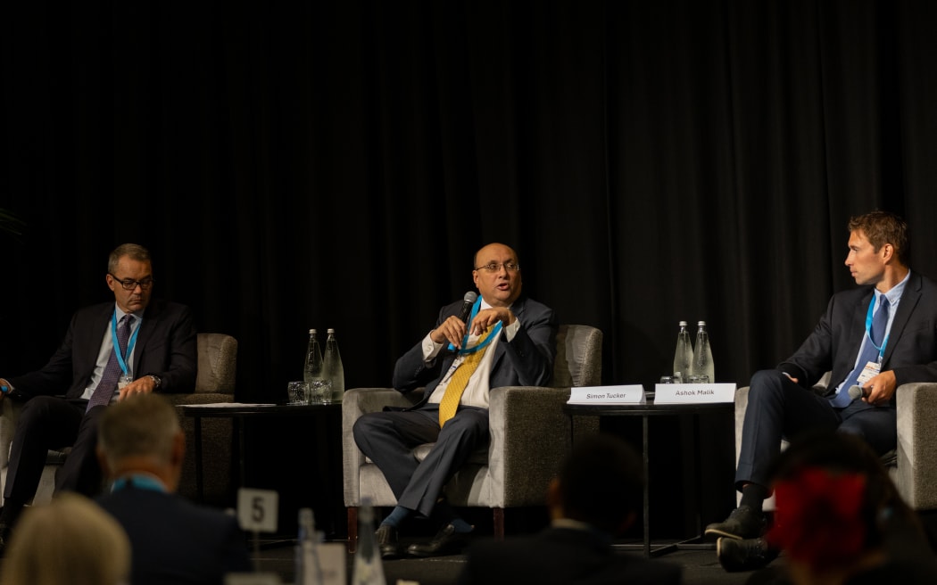 Fonterra’s Simon Tucker (left), Ashok Malik of The Asia Group, and Zespri CEO Jason Te Brake (right) during a panel discussion at the India New Zealand Business Council’s summit in Auckland on Friday.