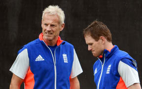 England coach Peter Moores (left) and team captain Eoin Morgan (R) in Christchurch.