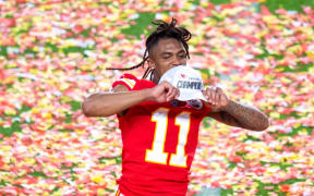 Kansas City Chiefs Wide Receiver Demarcus Robinson shows his Super Bowl Champions hat as he celebrates the Kansas City Chiefs winning the Super Bowl LIV  game against the San Francisco 49ers.