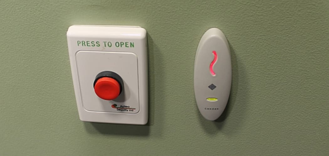 Push button automatic doors allow for easy access to buildings.