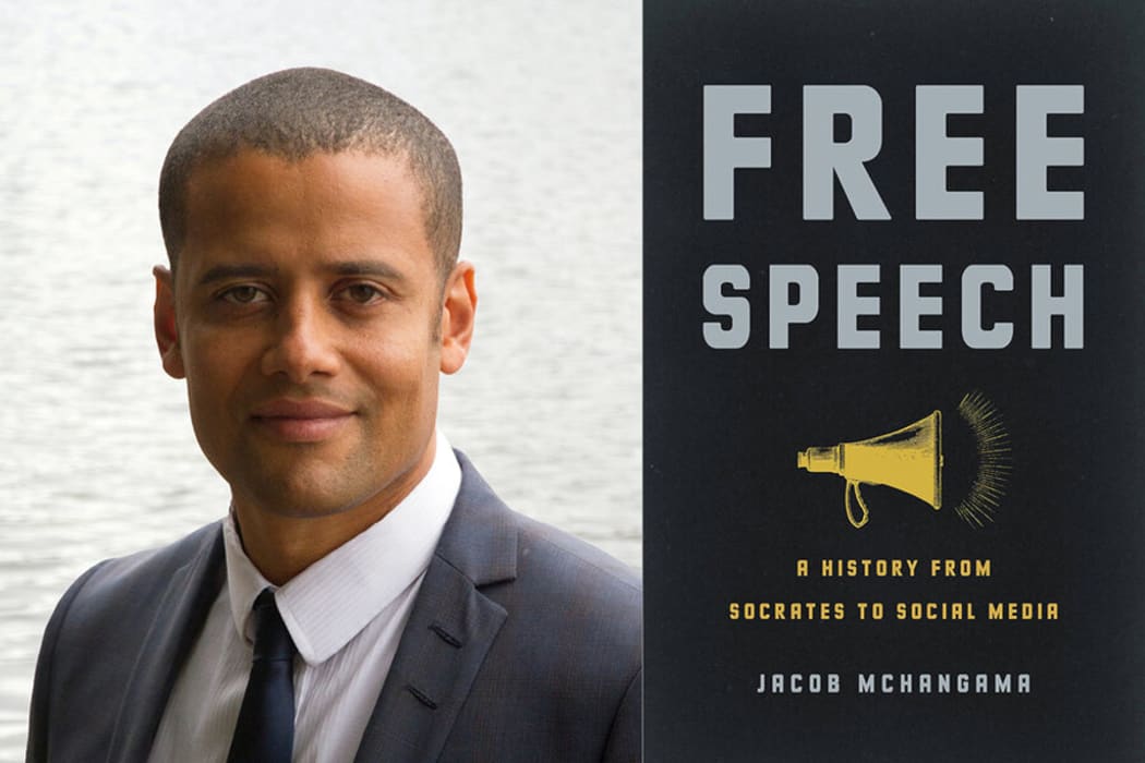 Free speech advoccate Jacob Mchangama alongside the cover of his book Free Speech A History from Socrates to Social Media